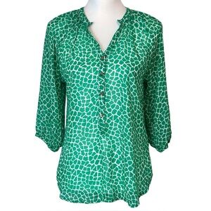 Bee Stitched Women’s Sheer Animal Print 3/4 Sleeves‎ Green White Top Sz S